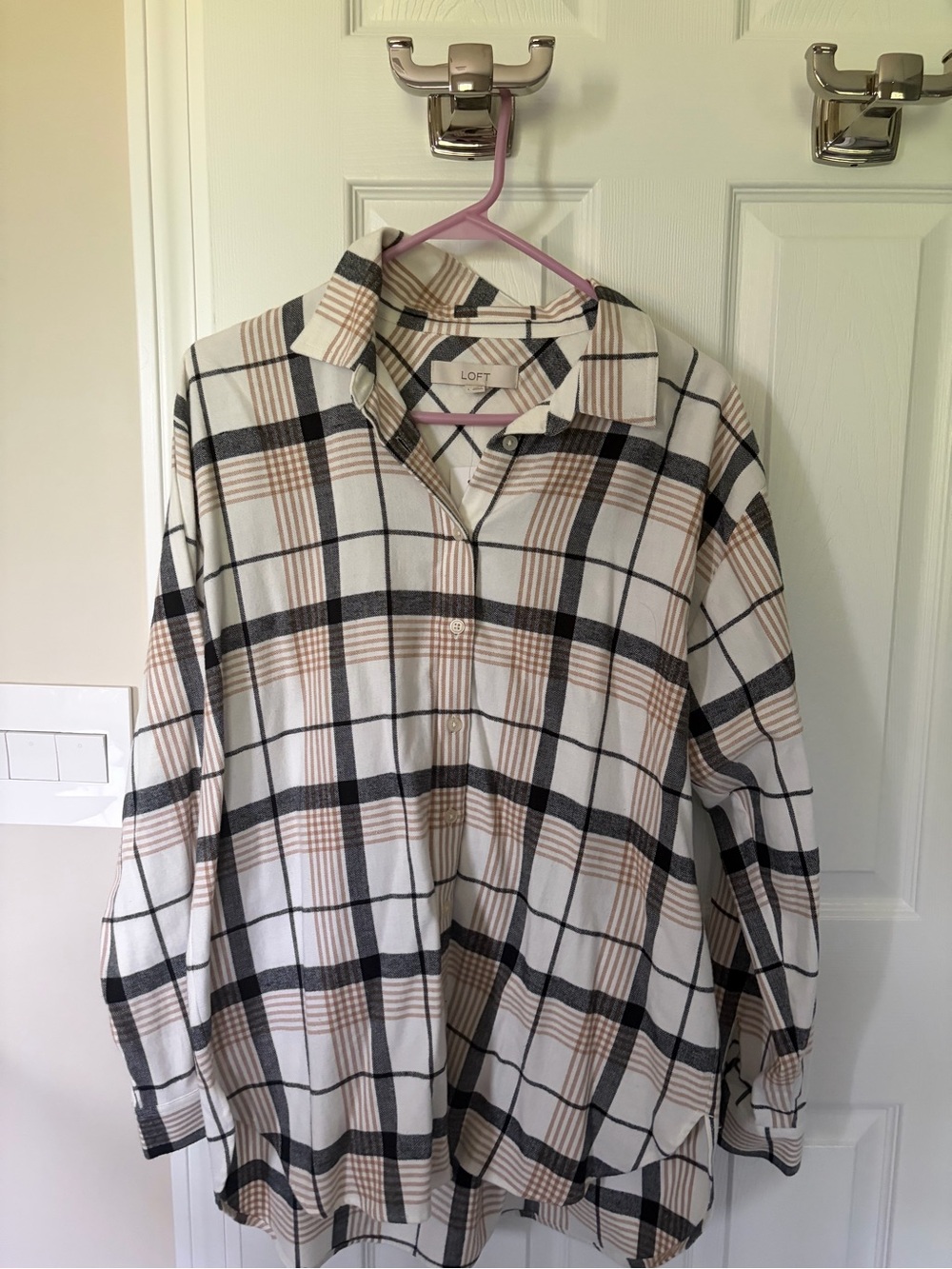 LOFT Cream, Black & Tan Plaid Button-Down Shirt